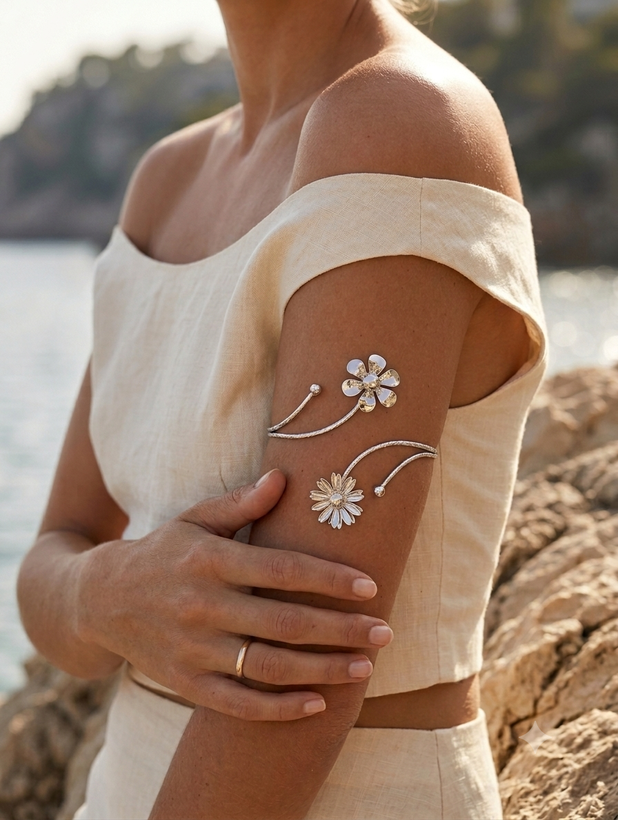 Dual Daisy Blossom Silver Upper Arm Cuff