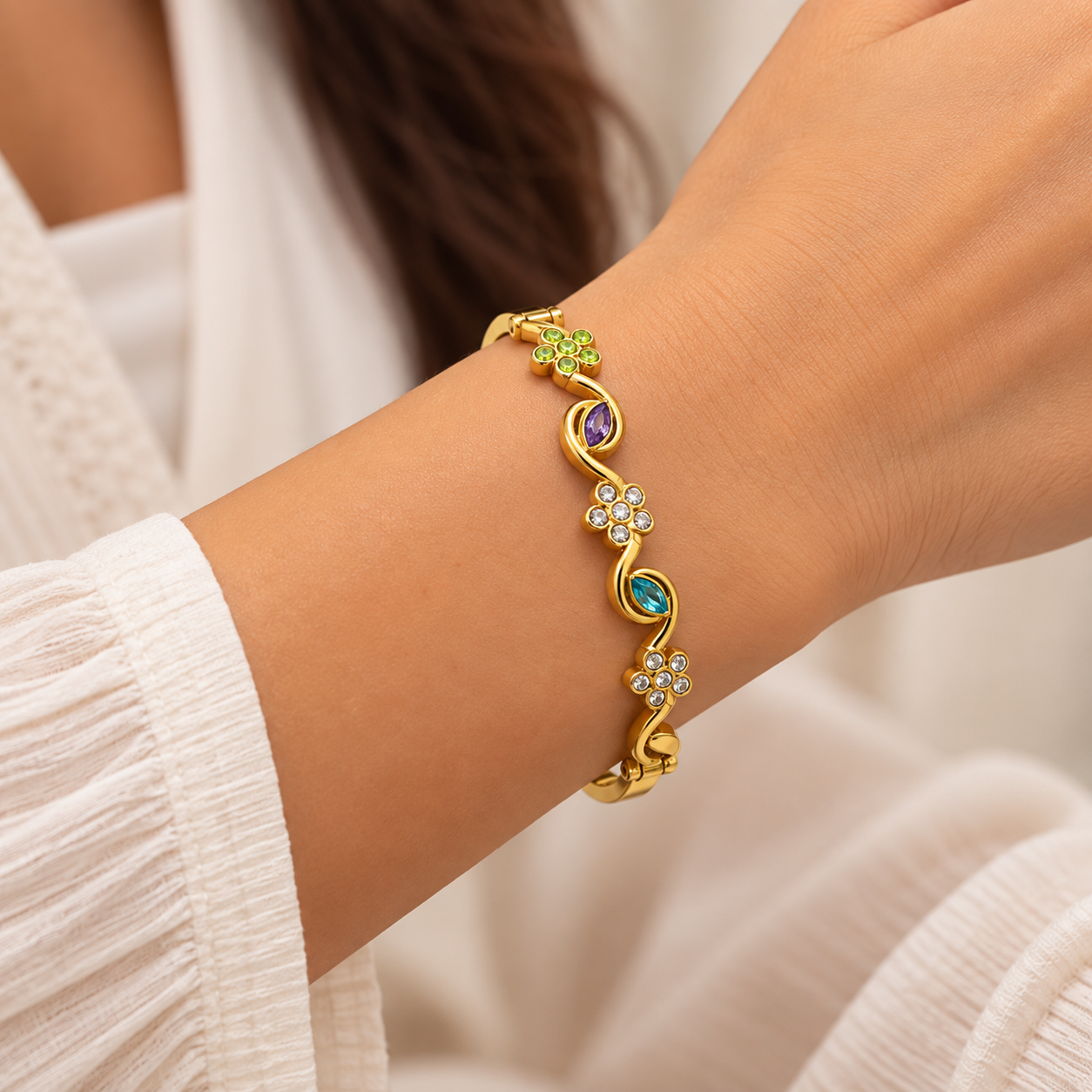 Multicolor Flower Gold Bangle Bracelet