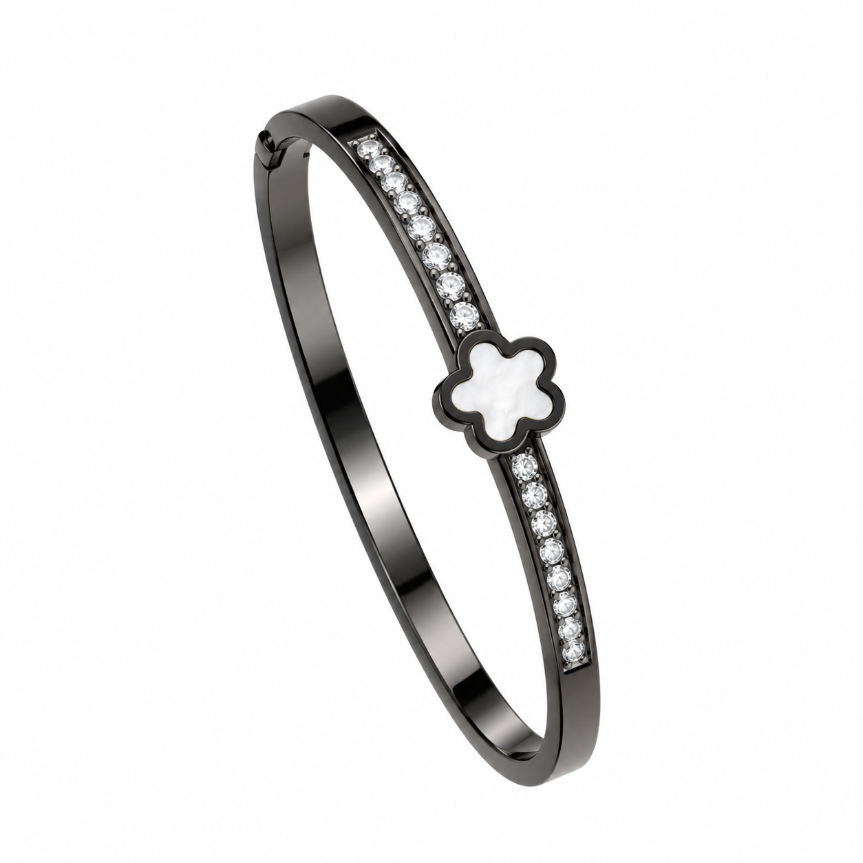 Glossy Black Clover-Accented Gemstone Bangle Bracelet