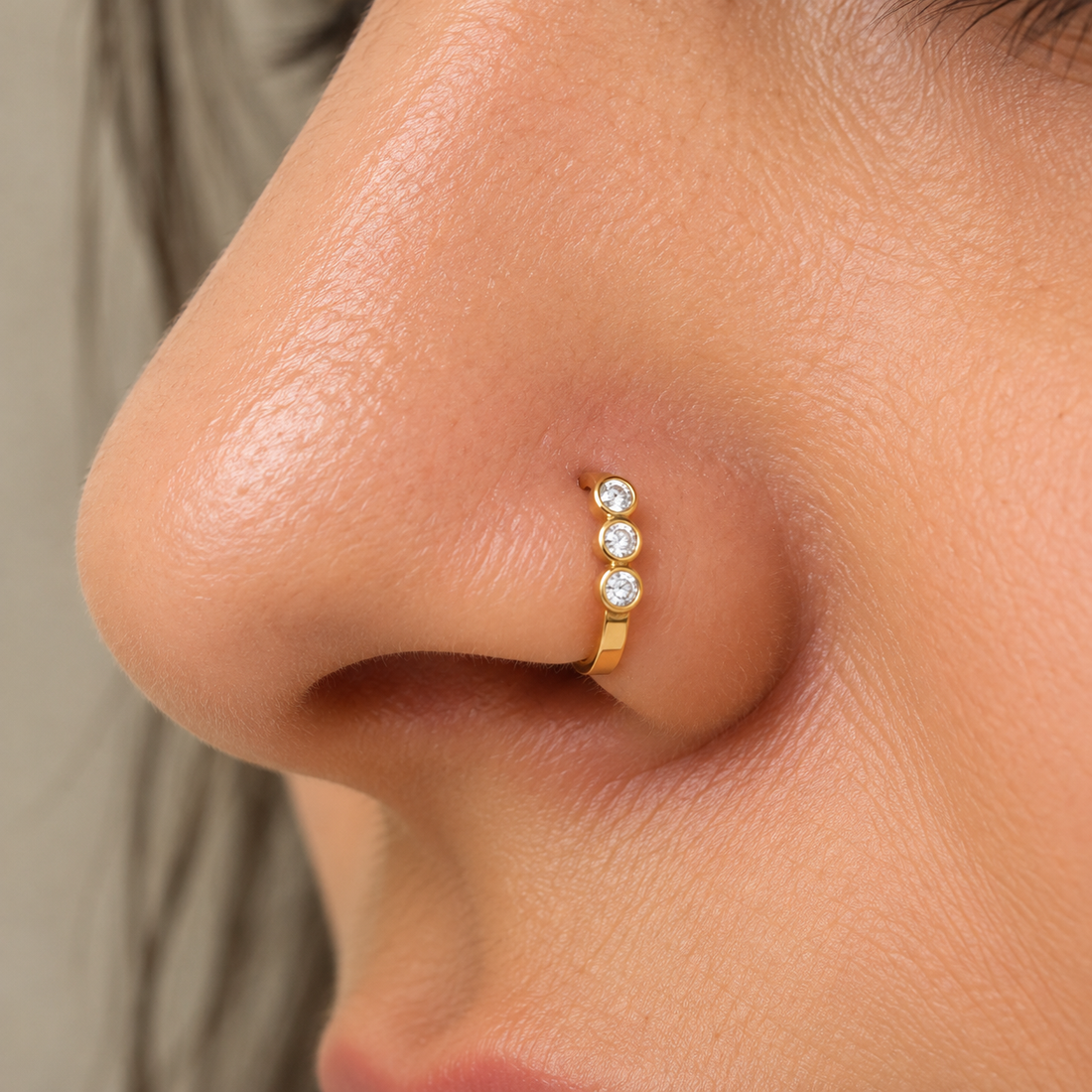 Gold Nose Ring with Three Sparkling Stones