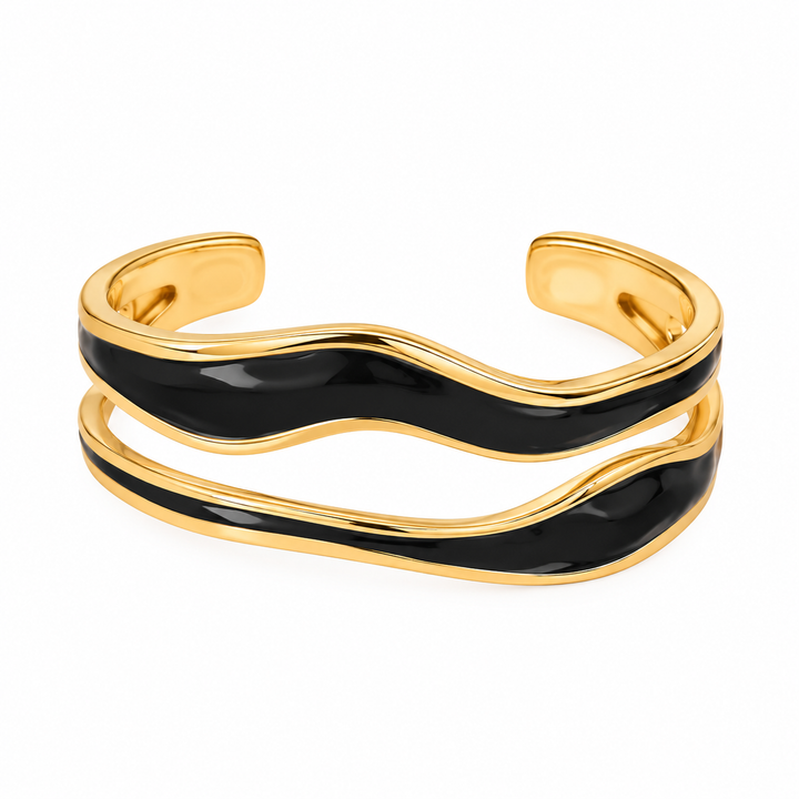 Sculptural Gold and Black Wave Cuff Bracelet