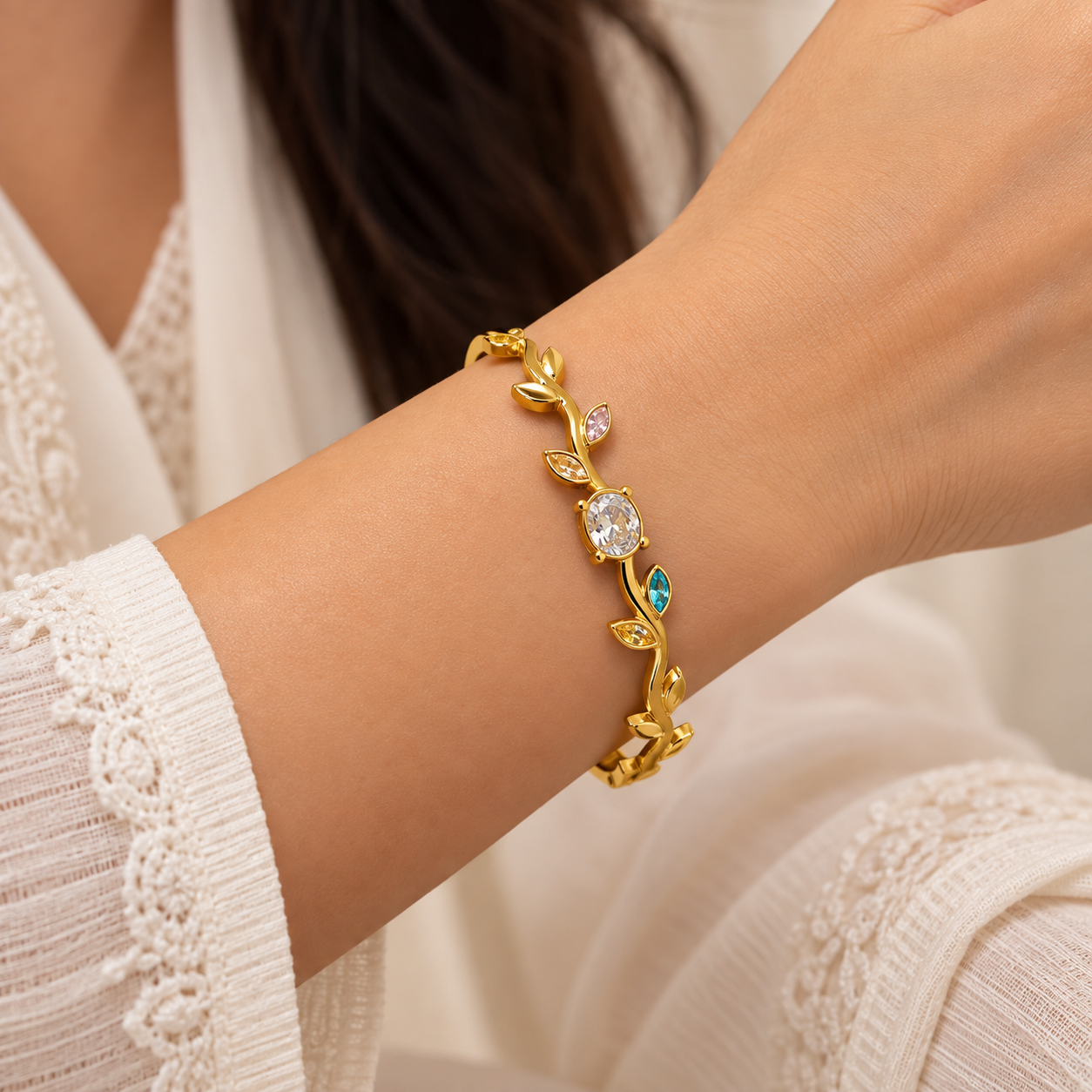 Gemstone Vine Gold Bangle Bracelet