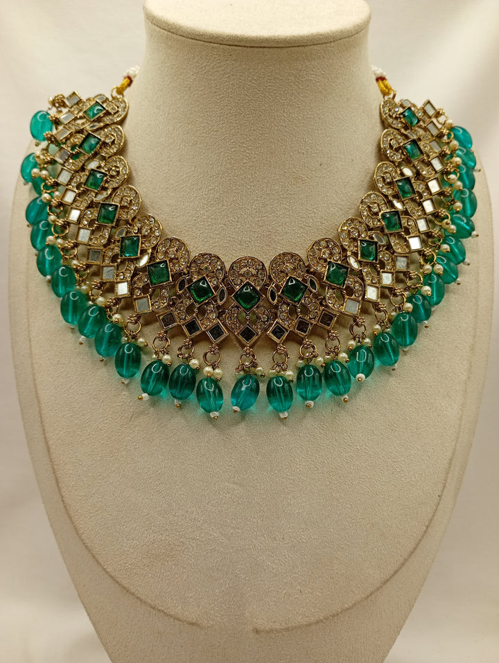 Aqua Blue Kundan Beaded Necklace Set