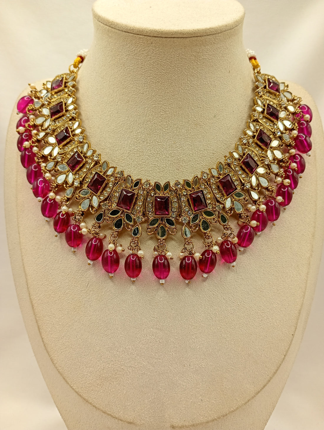 Rani Pink Kundan Beaded Necklace Set