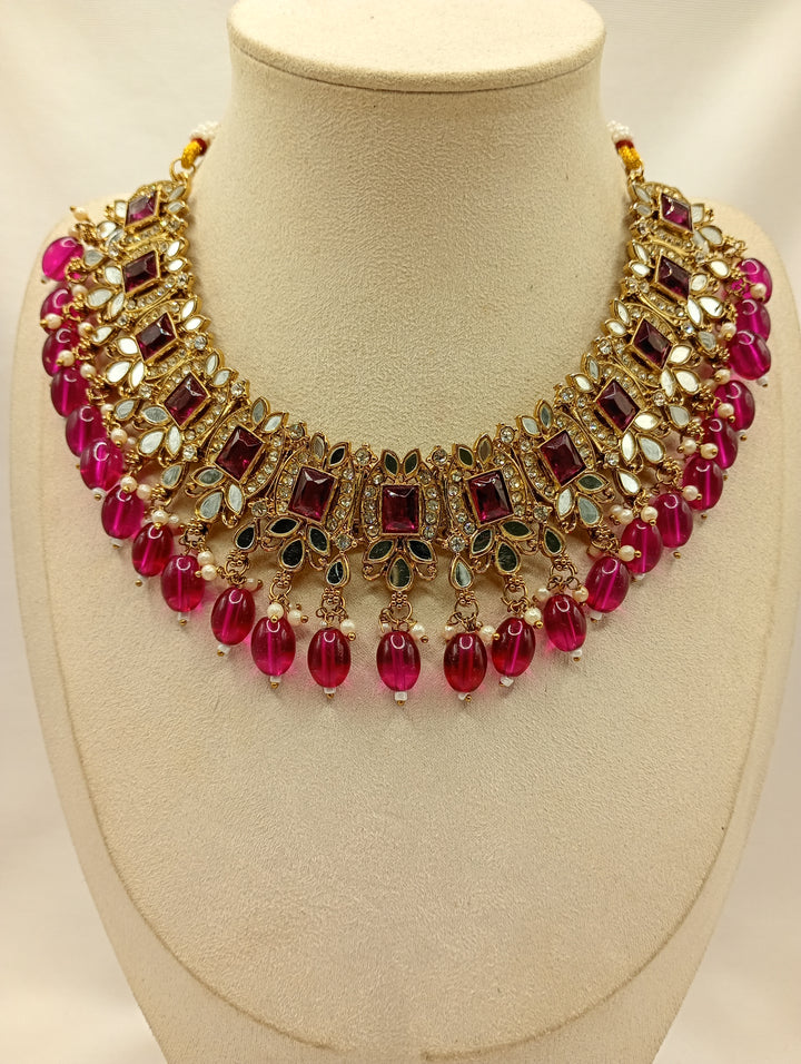 Rani Pink Kundan Beaded Necklace Set