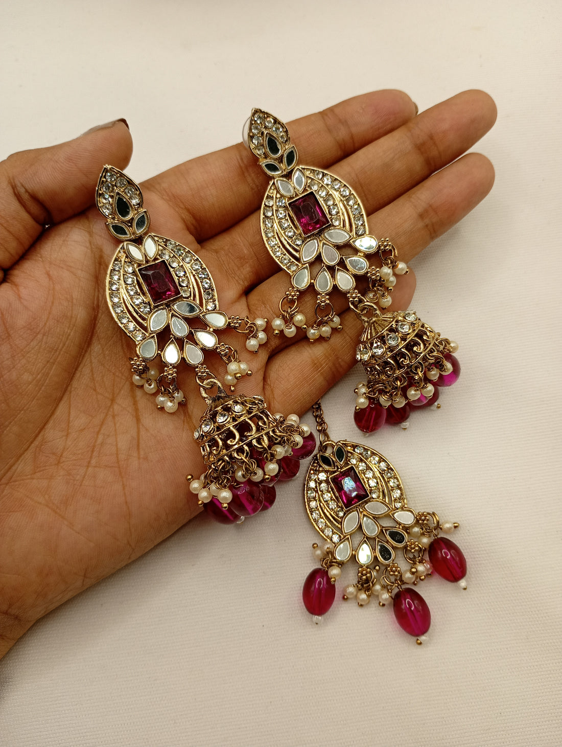 Rani Pink Kundan Beaded Necklace Set