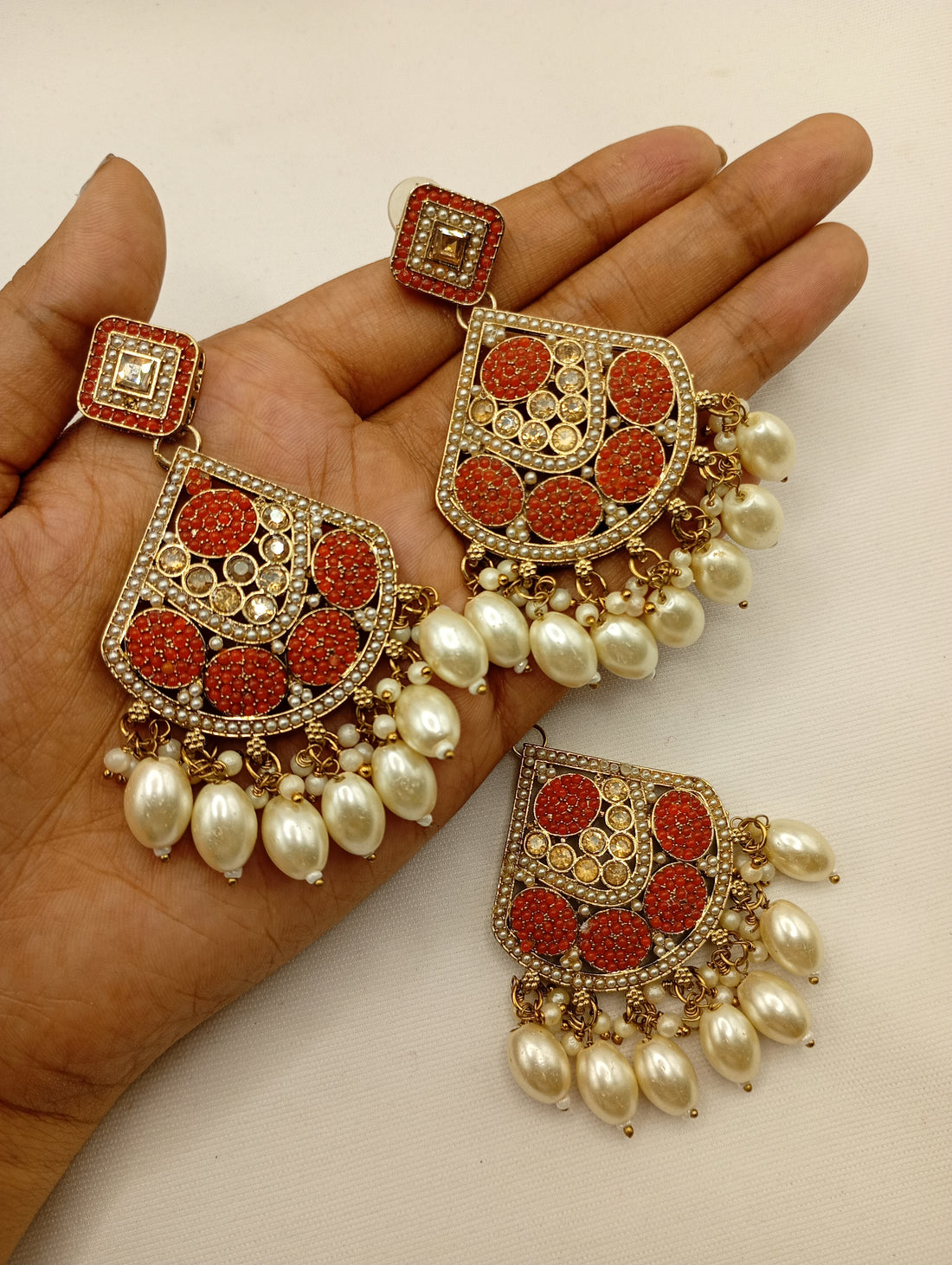 Coral Red Kundan Pearl Bridal Necklace Set