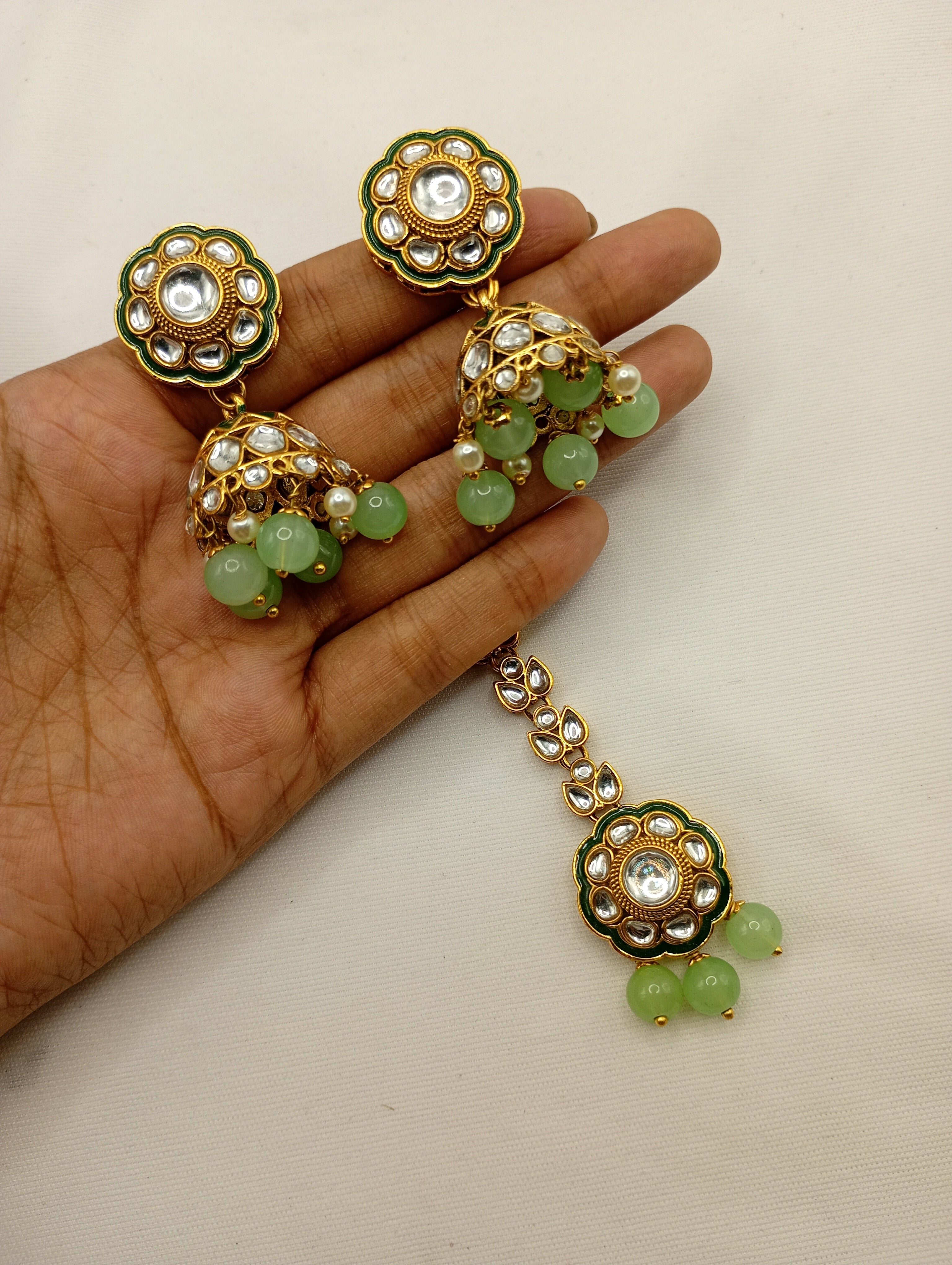 Pista Green Kundan Beaded Necklace Set