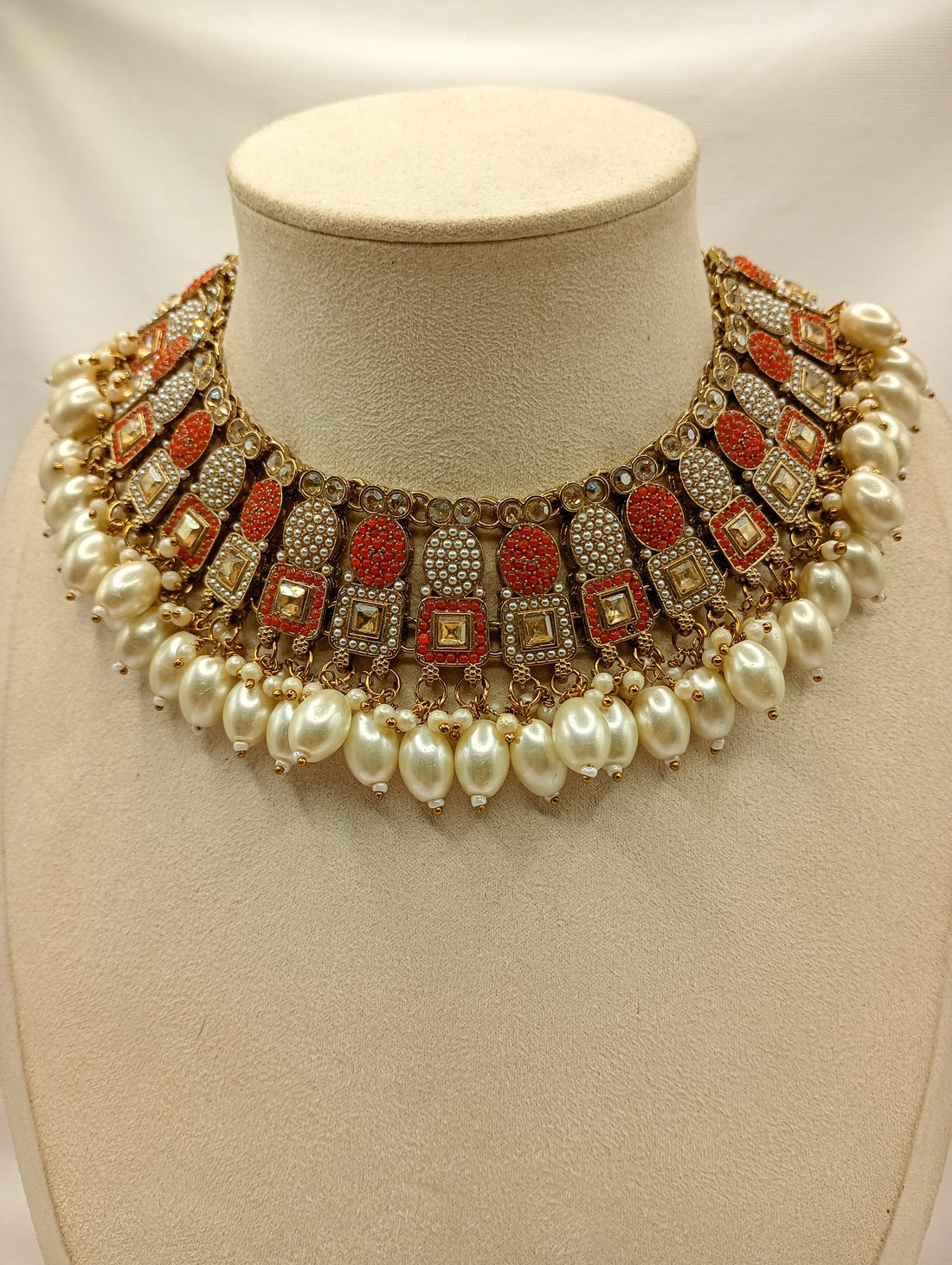 Coral Red Kundan Pearl Bridal Necklace Set