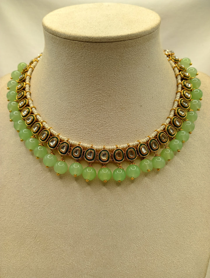 Pista Green Kundan Beaded Necklace Set