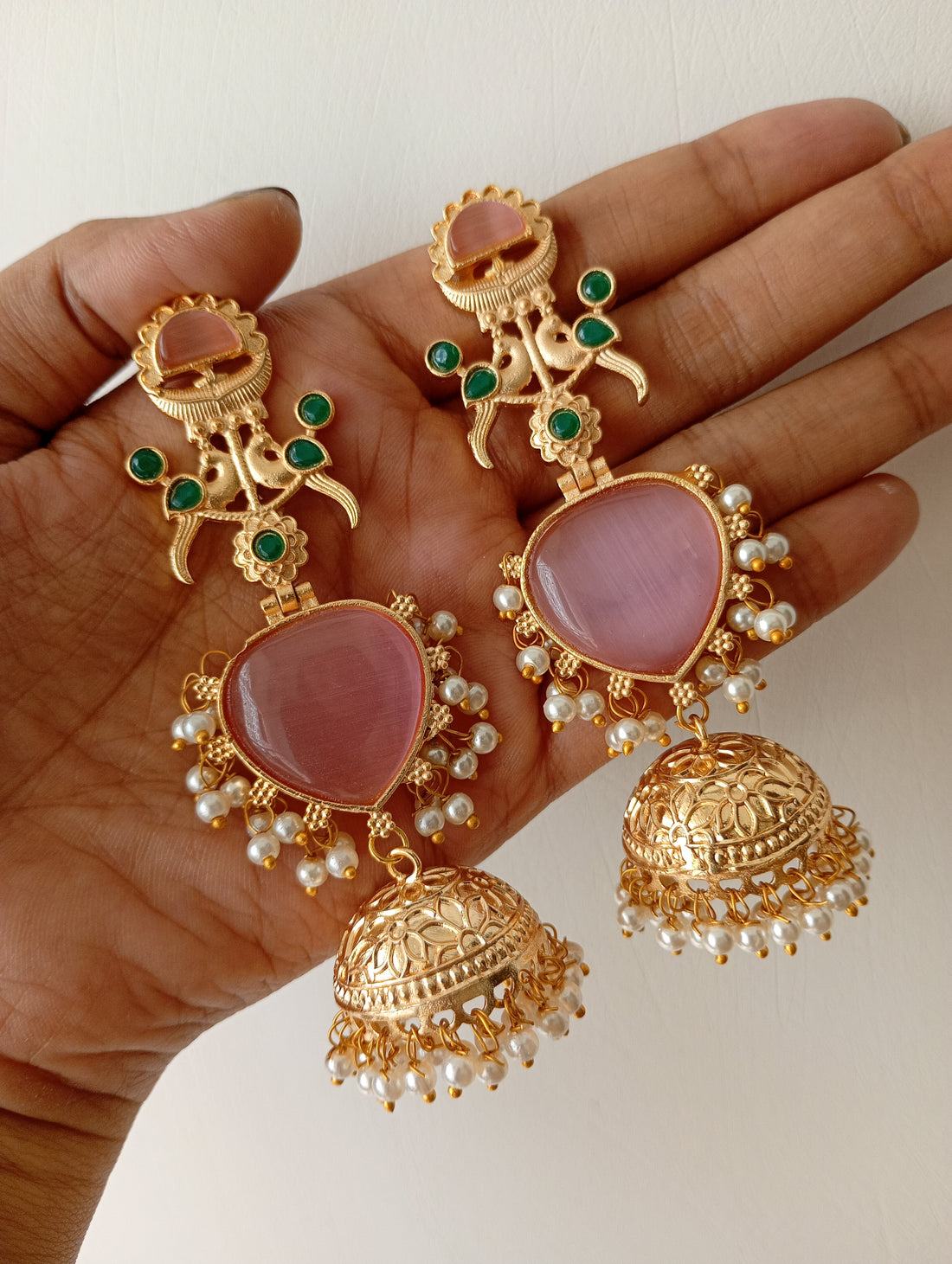 Pink Stone Jhumka Earring With Green Accents and Pearl Drops