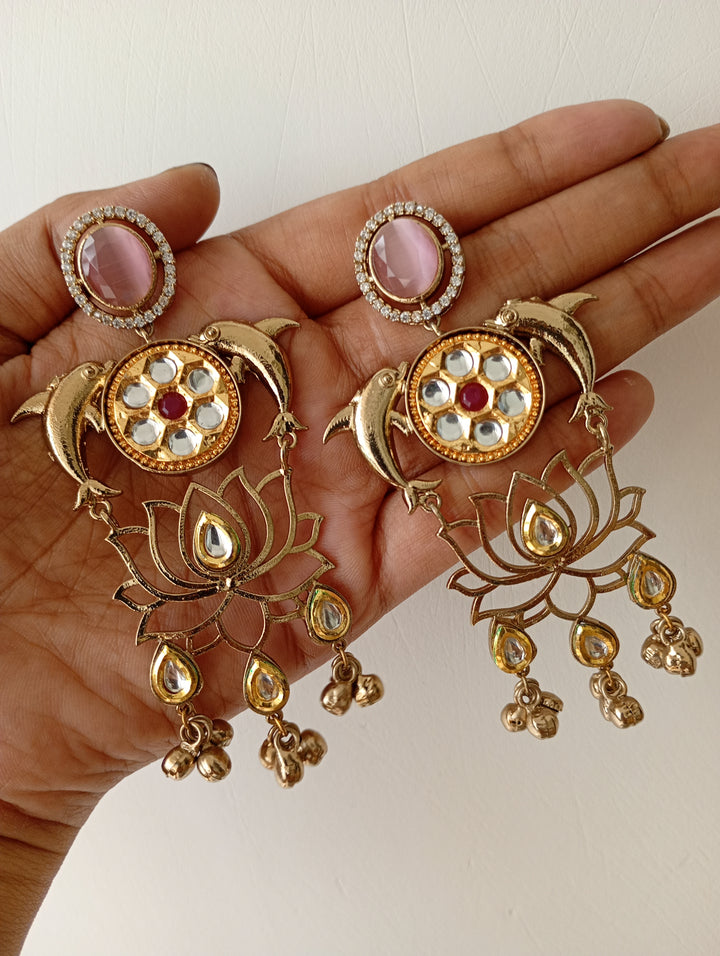 Pink Stone with Lotus Motif Statement Earring