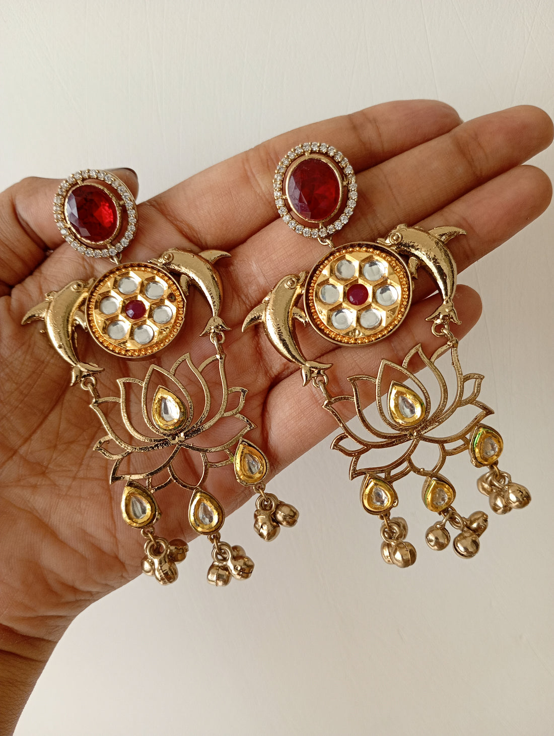 Red Stone Lotus Statement Earring