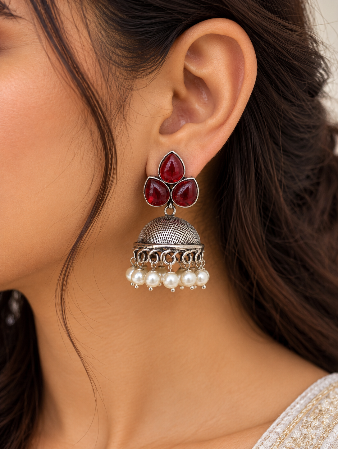 Ruby Jhumka Earrings with Pearl Fringe