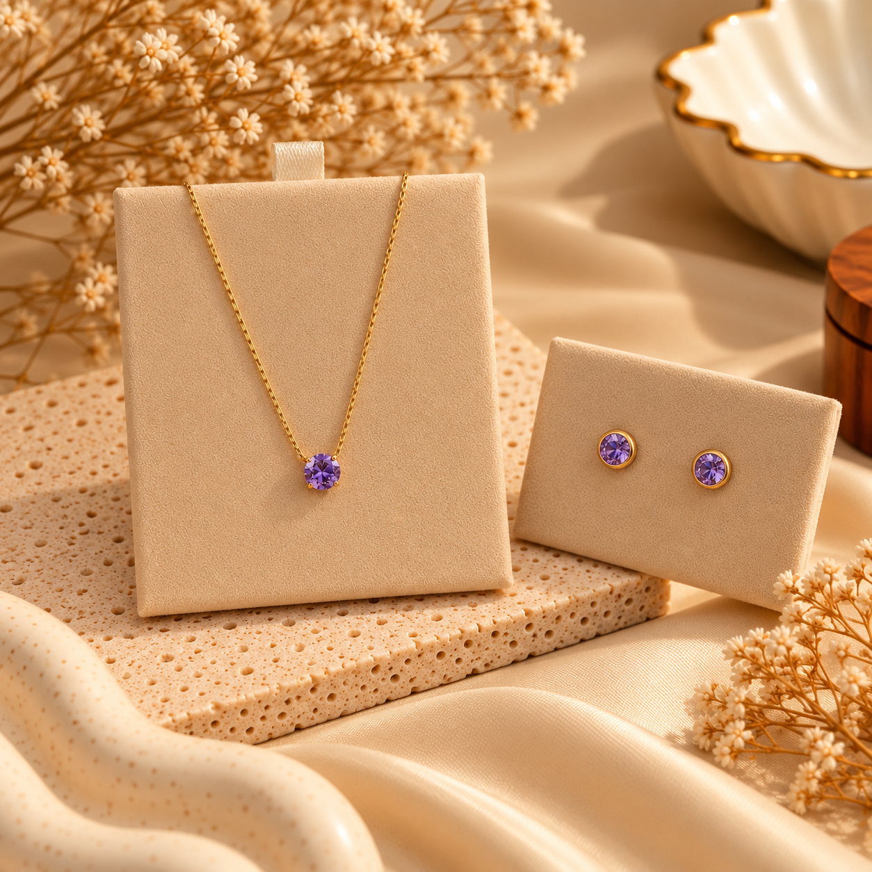 Amethyst Purple Solitaire Pendant & Stud Earrings Set