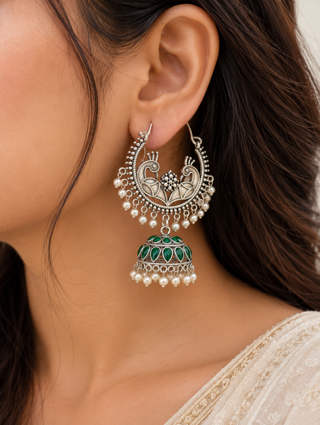 Ornate Emerald Peacock Jhumka
