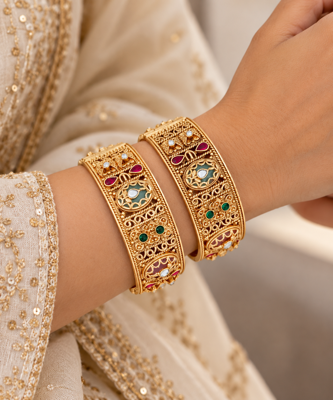 Ornate Gold Bangles with Jewel Accents