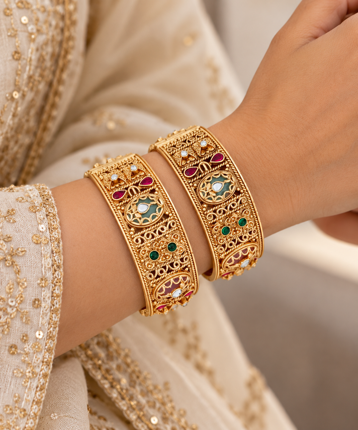 Ornate Gold Bangles with Jewel Accents