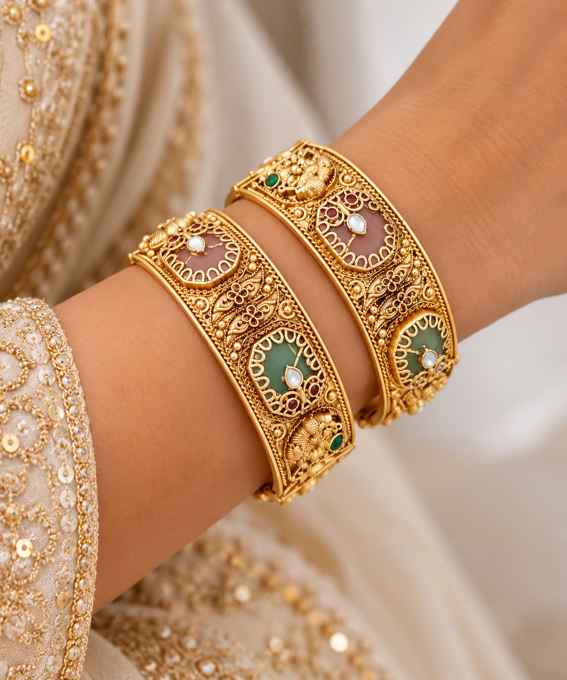 Ornate Pink and Sea Blue Gold Bangles
