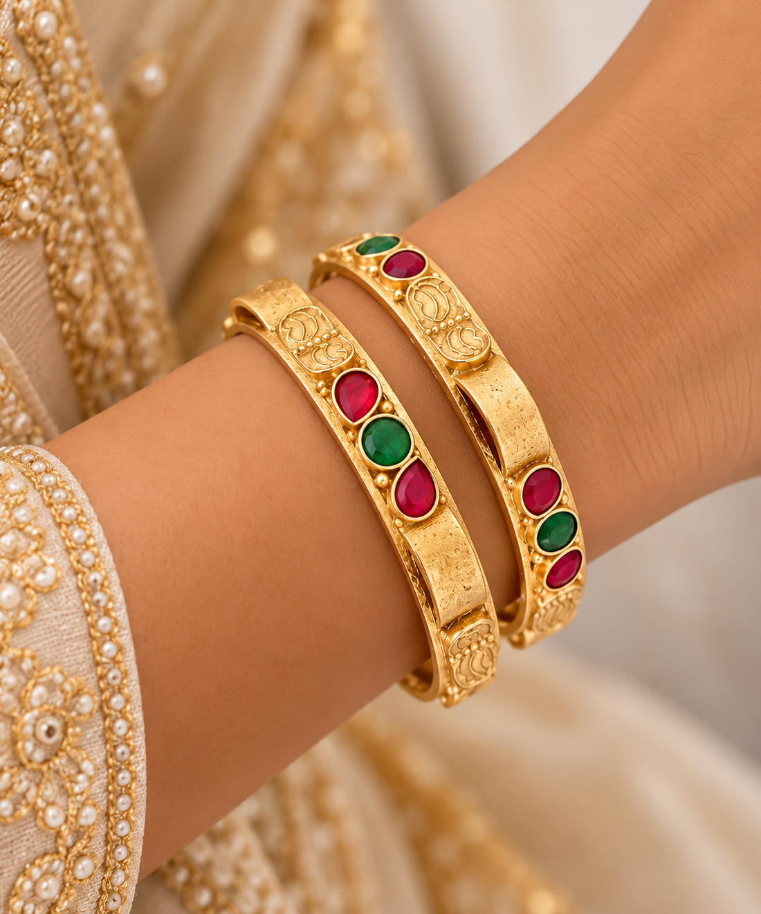 Twin Ruby Emerald Gold Bangle