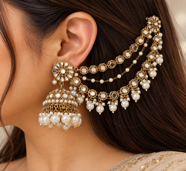 Traditional Mirror Kundan Jhumka with Kaan Chain