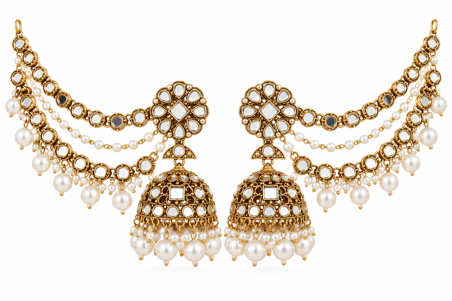 Ornate Gold Jhumka Earrings with Pearl KaanChain