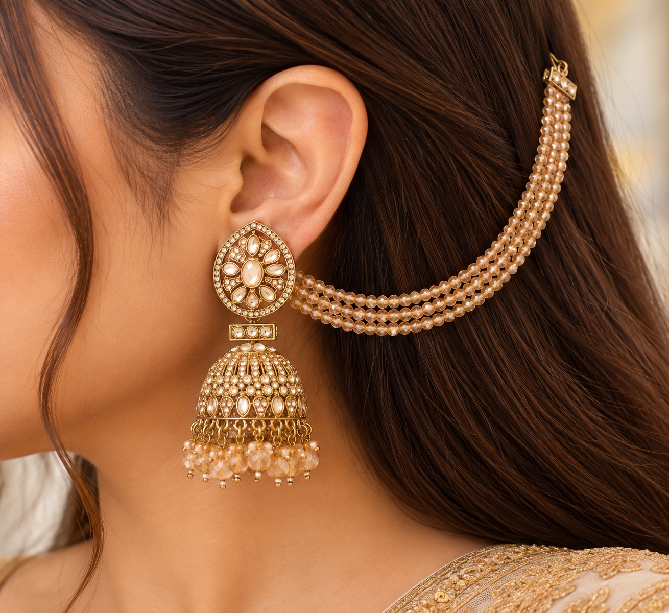 Ornate Gold Jhumka and Ear Chain