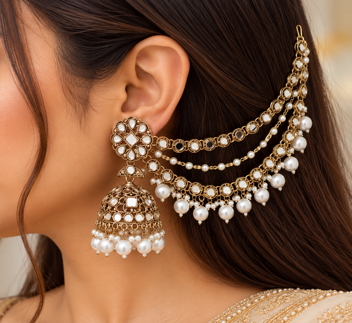 Ornate Gold Jhumka Earrings with Pearl KaanChain