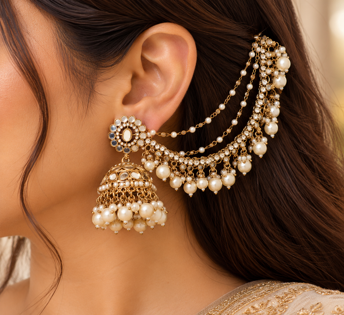 Royal Pearl Kundan Jhumka with Kaan Chain