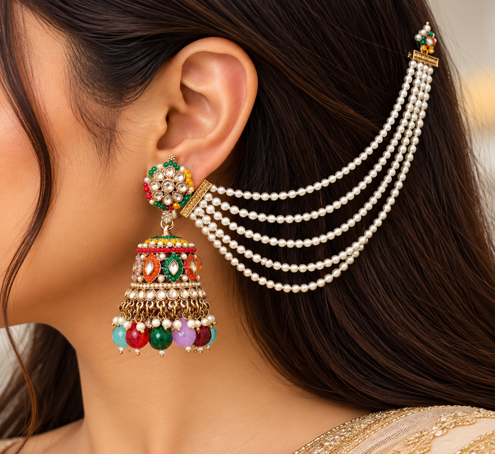 Ornate Jhumka With Pearl Chain