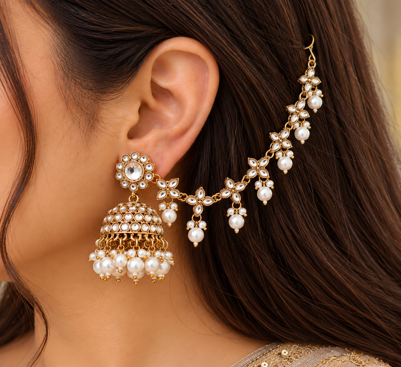 Symmetrical Kundan Jhumka and Kaanchain