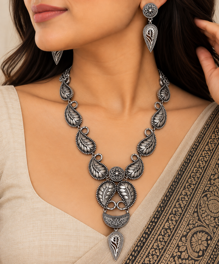 Oxidized Silver Leaf Jewelry Set