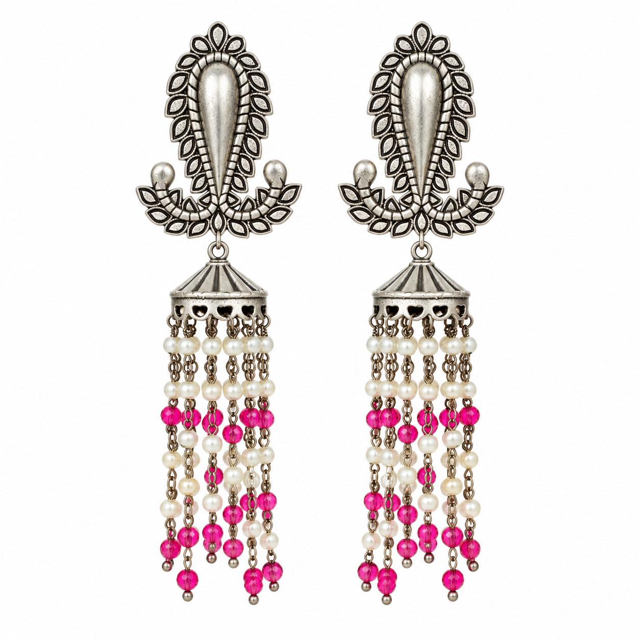 Ornate Silver Jhumka with Pink Pearl Tassels