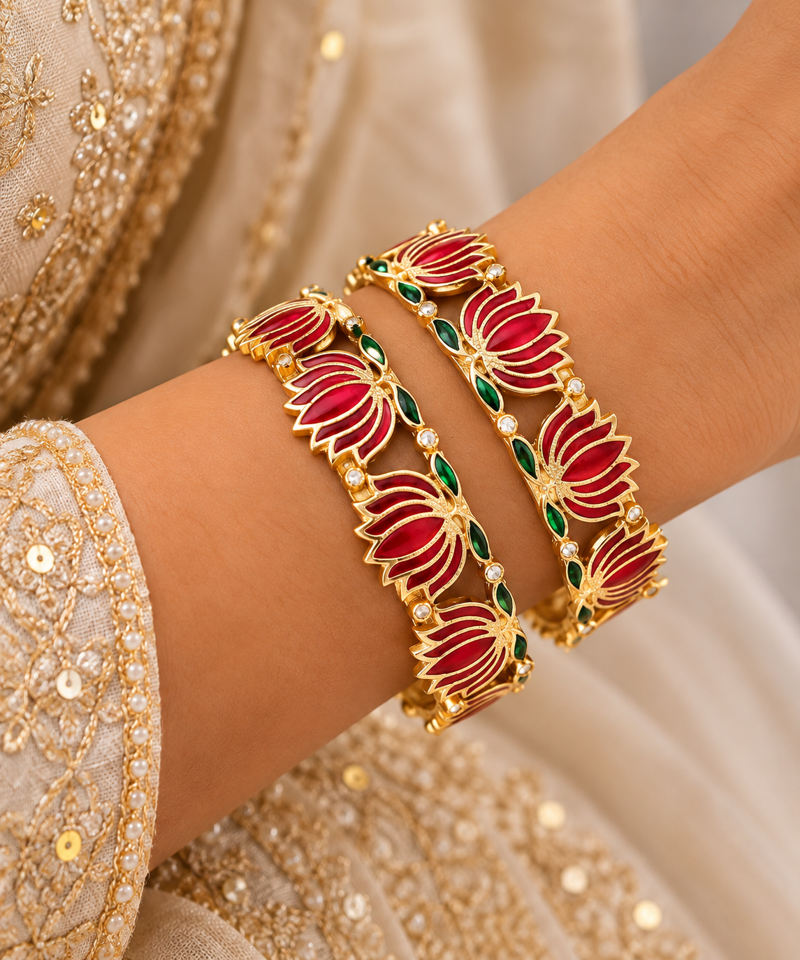 Ornate Gold Lotus Enamel Bangles