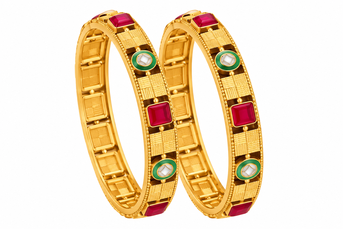 Ornate Rani Pink and Emerald Gold Bangles