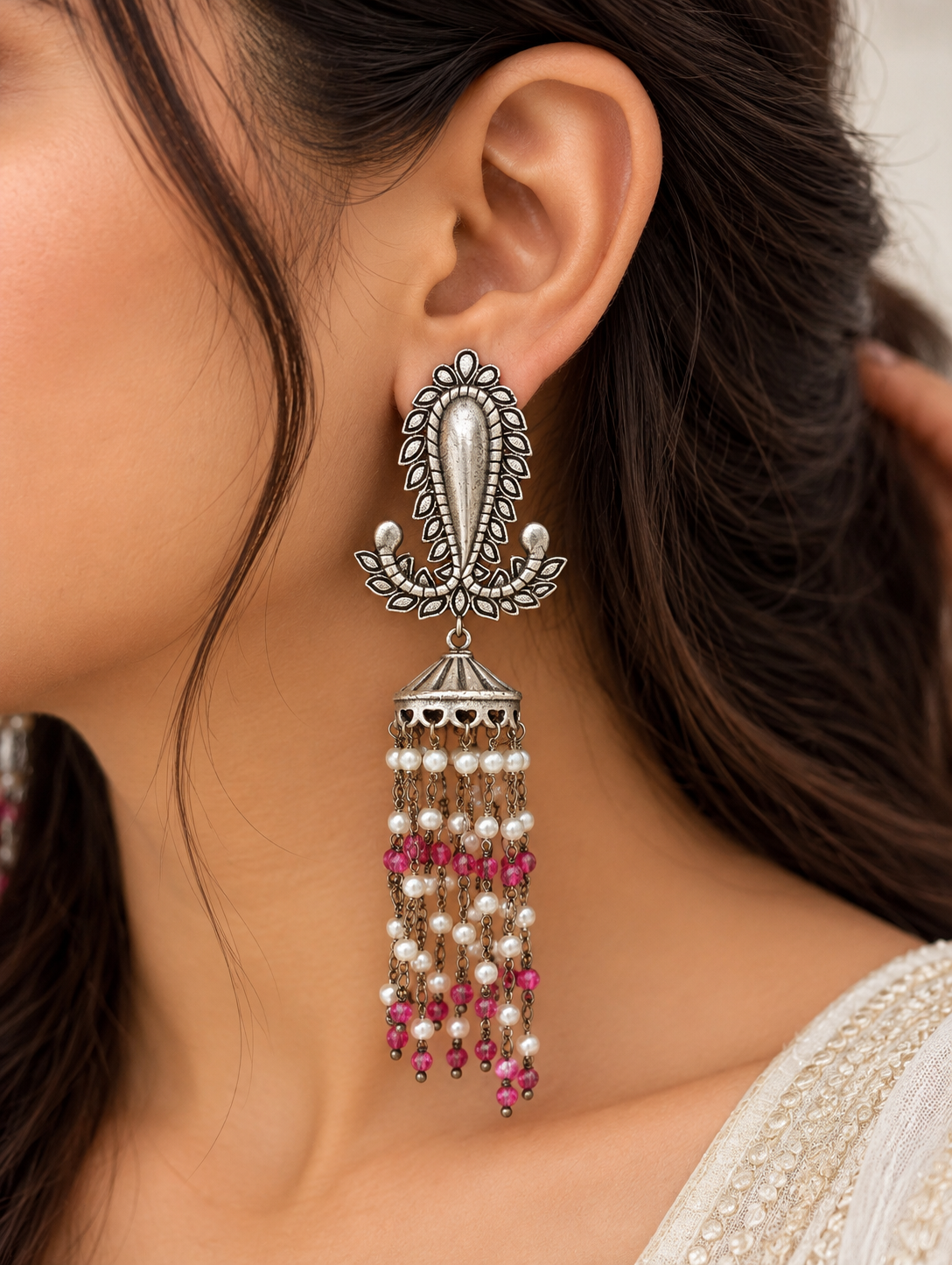 Ornate Silver Jhumka with Pink Pearl Tassels
