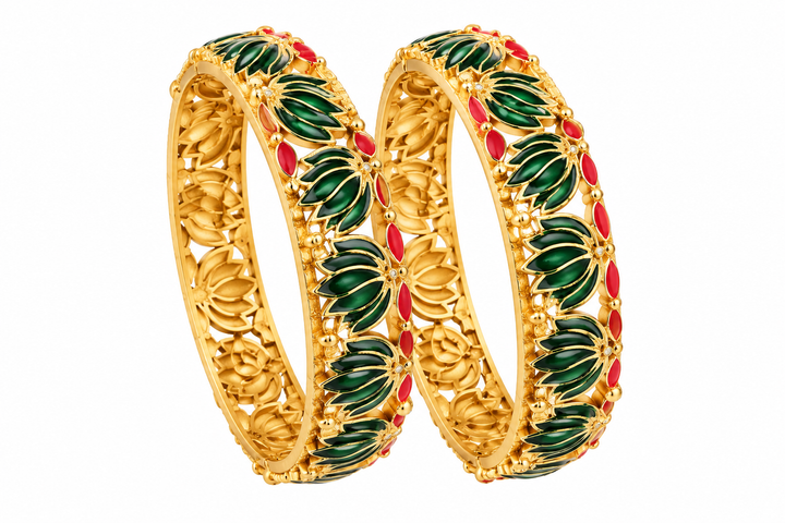 Ornate Gold Bangles with Green and Red Accents