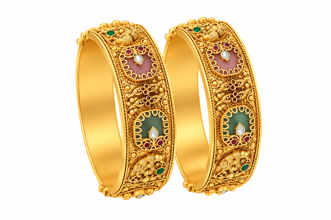 Ornate Pink and Sea Blue Gold Bangles