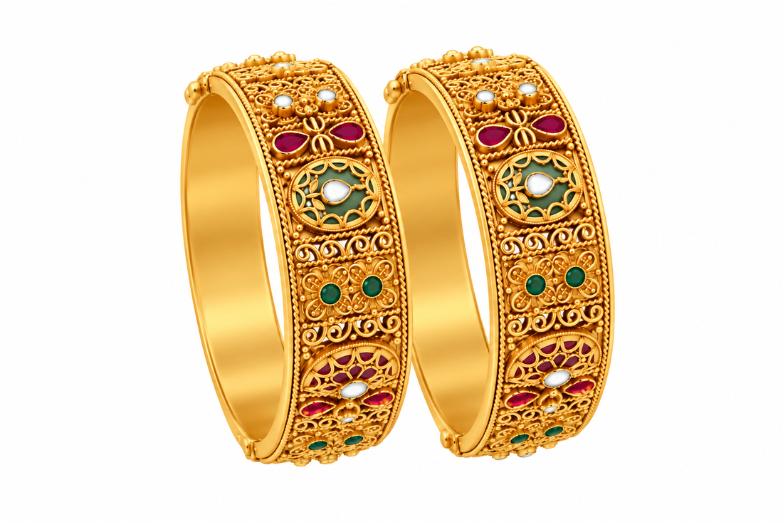 Ornate Gold Bangles with Jewel Accents