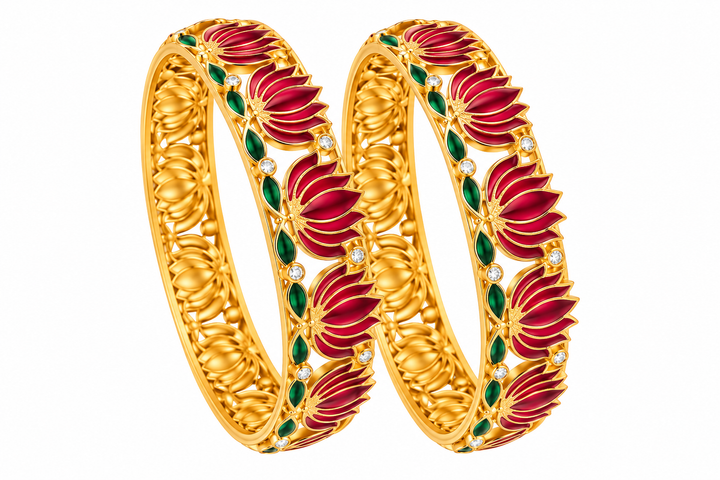 Ornate Gold Lotus Enamel Bangles