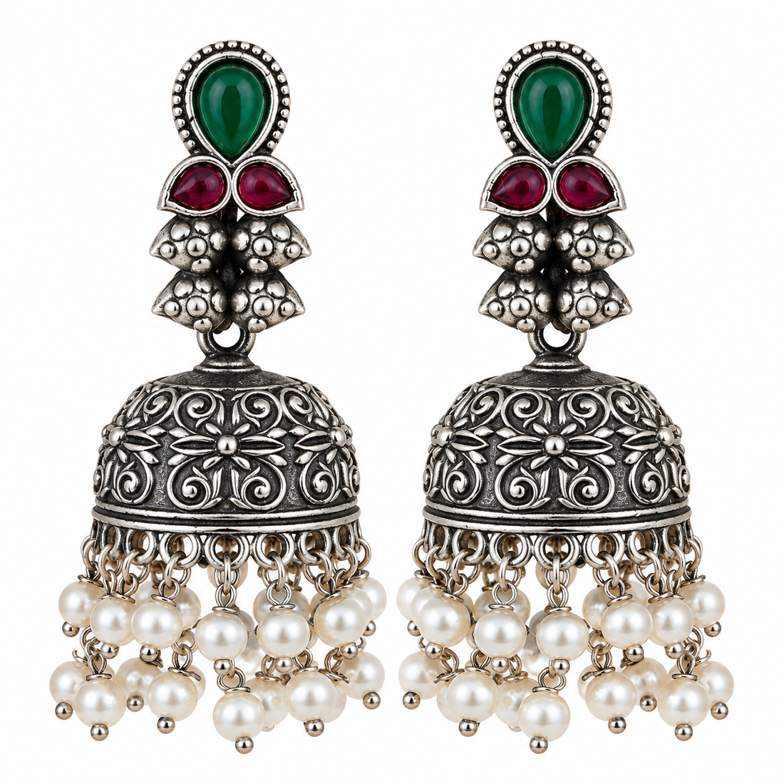 Ornate Silver Jhumka Earrings with Pearls