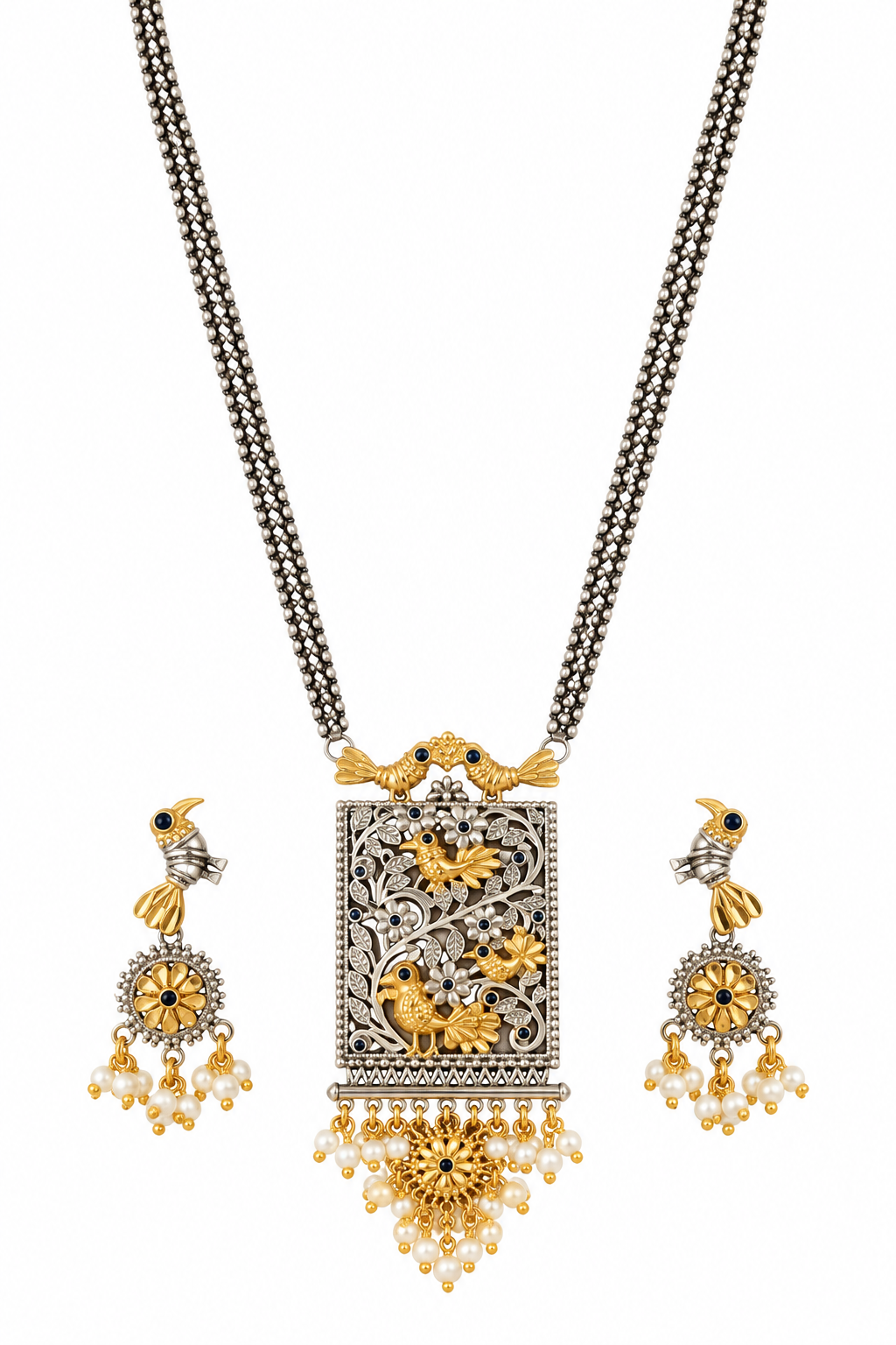 Antique Bird Motif Long Necklace with Earring Set