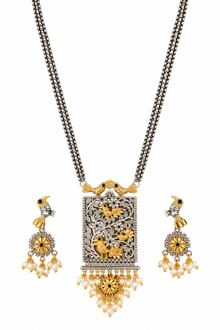 Antique Bird Motif Long Necklace with Earring Set