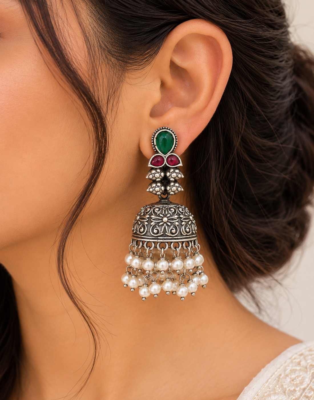 Ornate Silver Jhumka Earrings with Pearls