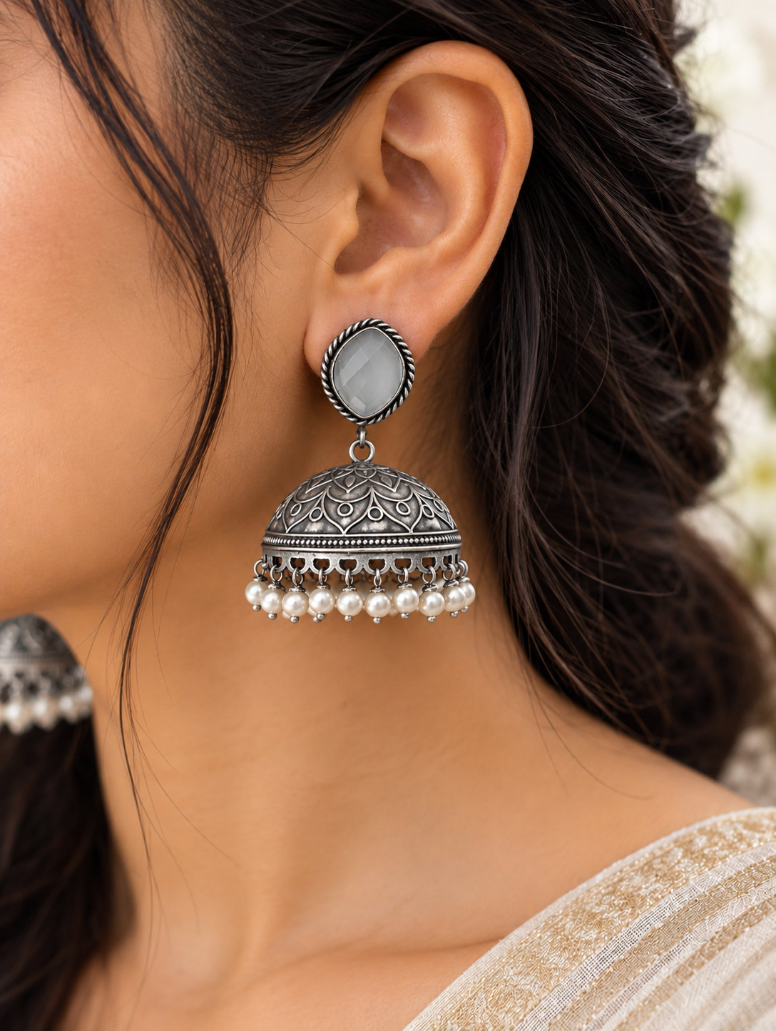 Antique Silver Jhumka Earring with Pearl Fringe