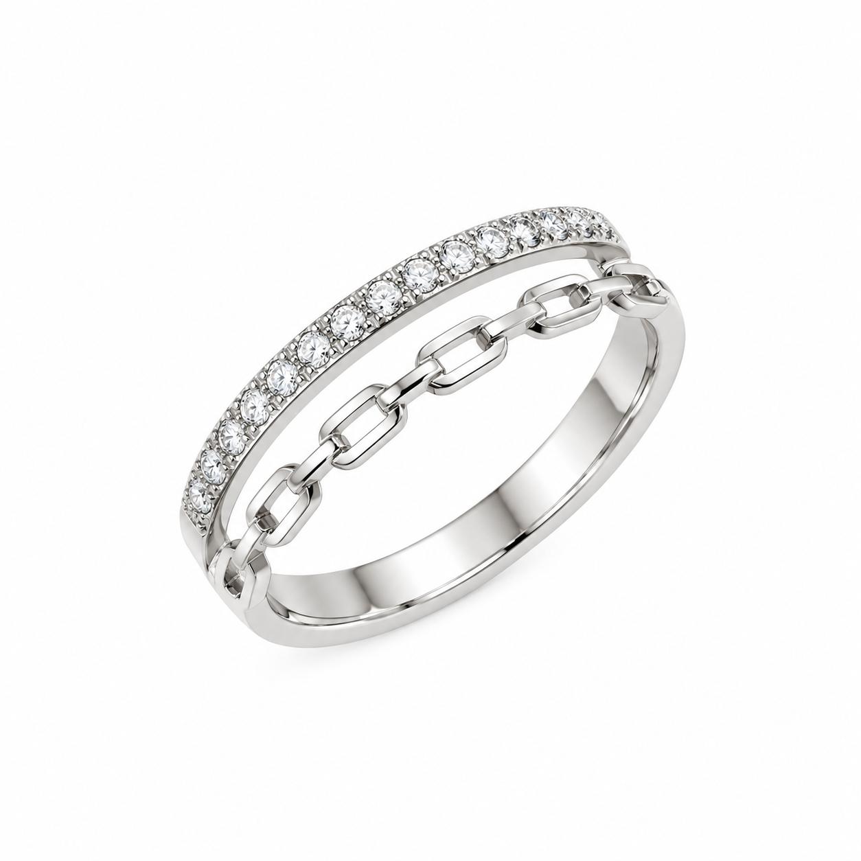 Pavé Diamond Double-Band Silver Ring