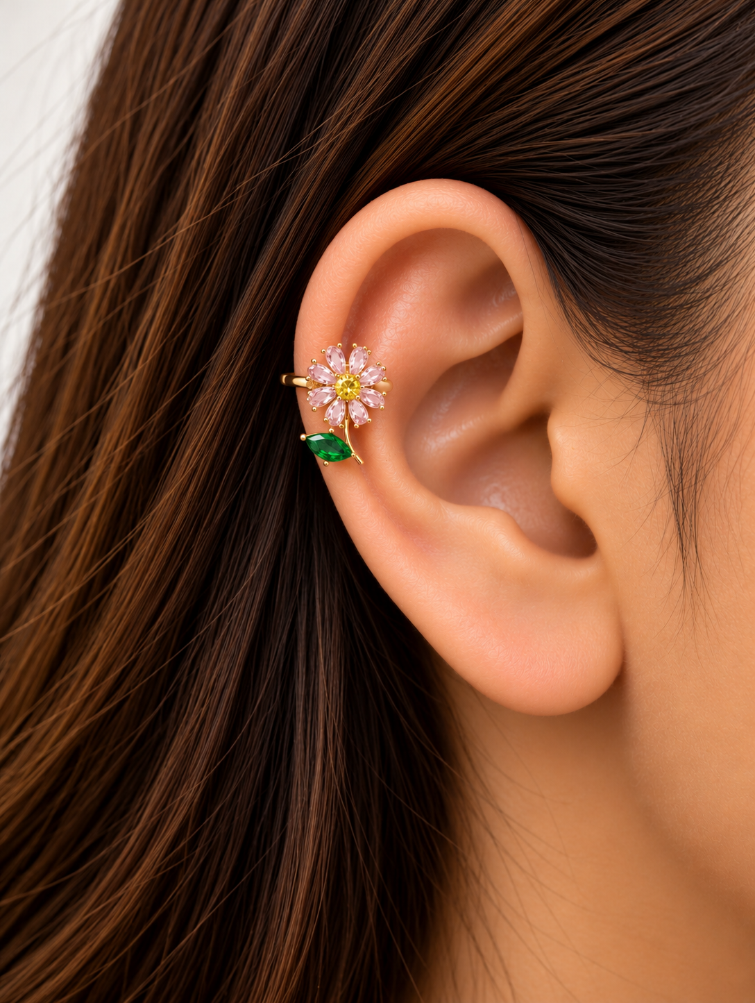 Pink Flower and Green Leaf Ear Cuff