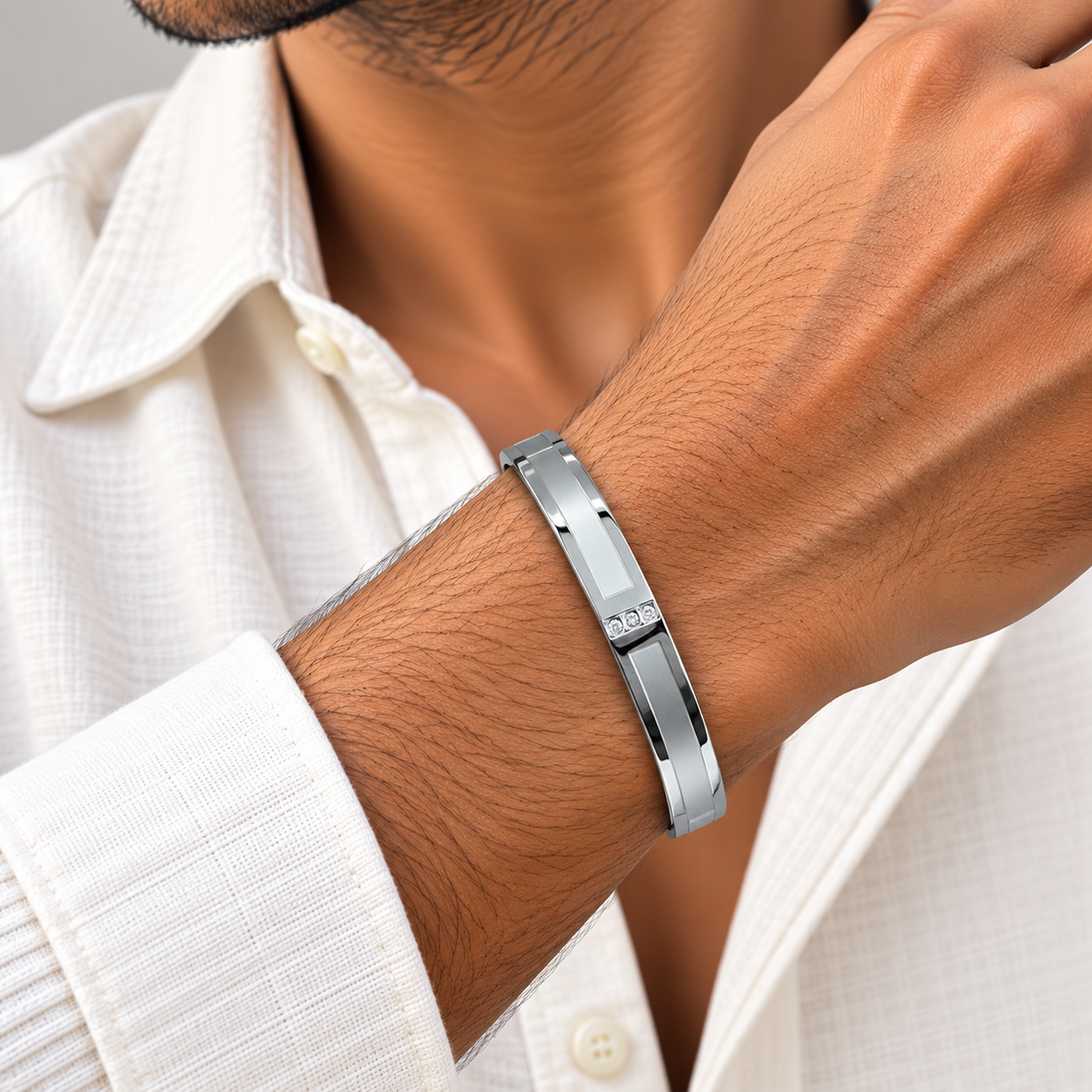 Polished Silver with Crystal Accents Men's Bracelet