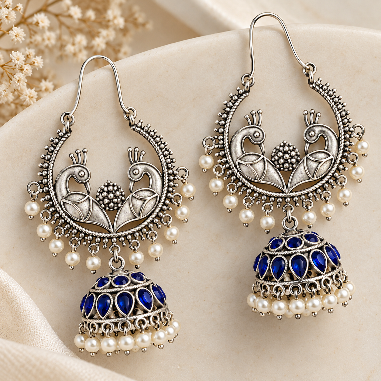 Ornate Silver Peacock Jhumka Earrings