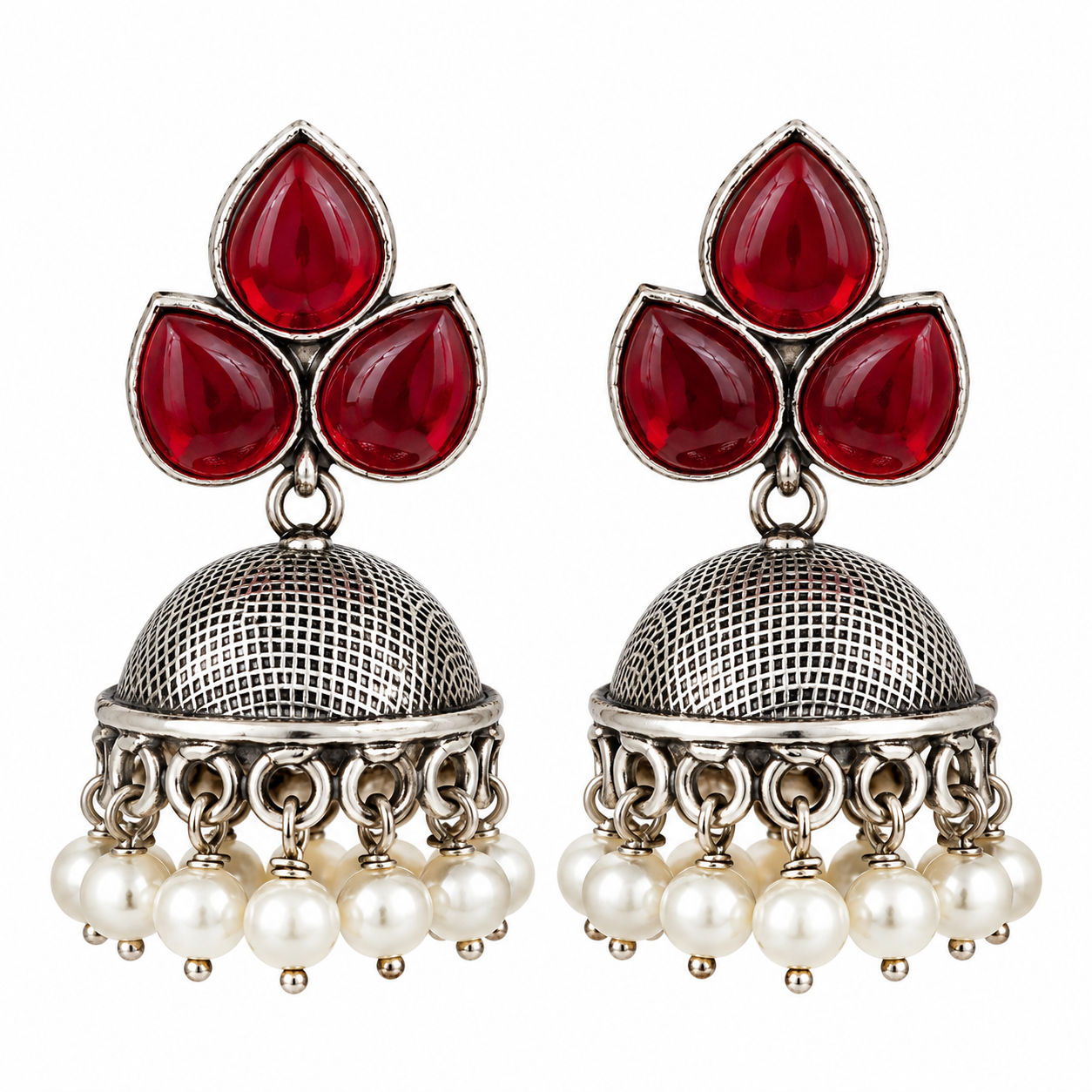 Ruby Jhumka Earrings with Pearl Fringe